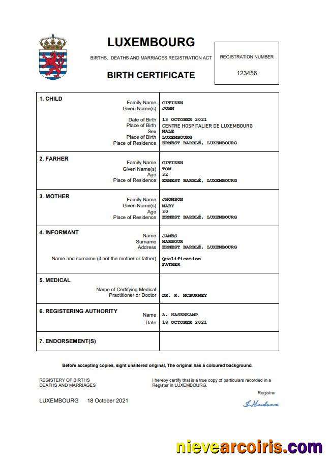 Luxembourg birth certificate